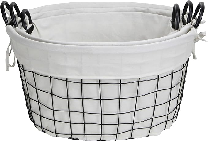 Set of 3 Lined Metal Wire Oval Basket with Handle