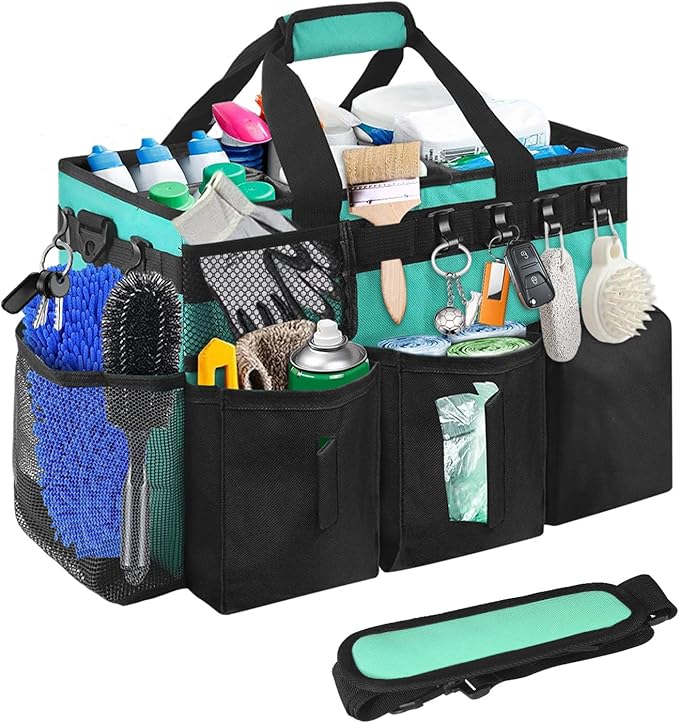 Cleaning Bags for Housekeepers, Large Cleaning Supplies Organizer with Handles & Shoulder Strap, Cleaning Caddy Bag with Foldable Divider for Cleaners, Car Horse Cleaning Bag (Green)