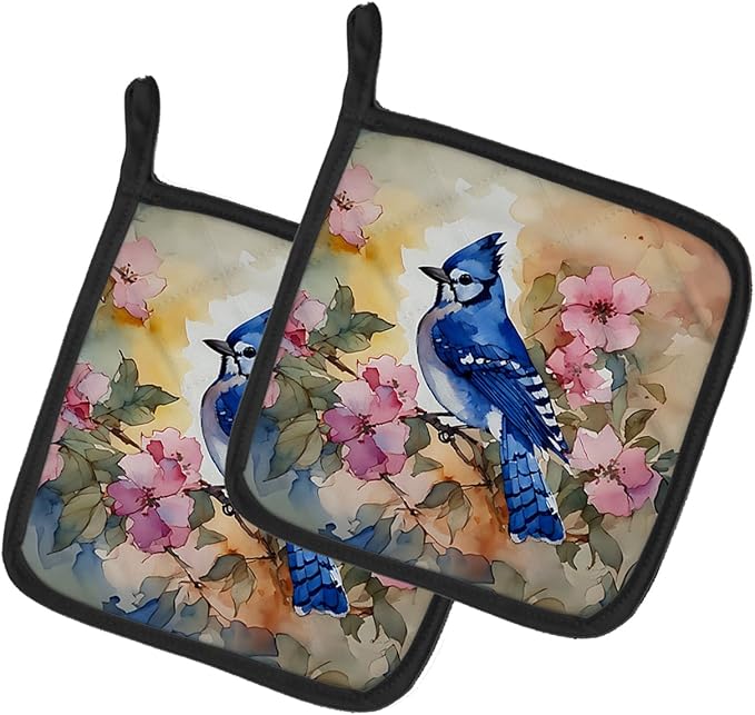 Caroline's Treasures Blue Jay Pair of Pot Holders Kitchen Heat Resistant Pot Holders Sets Oven Hot Pads for Cooking Baking BBQ, 7 1/2 x 7 1/2