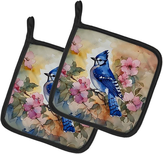 Caroline's Treasures Blue Jay Pair of Pot Holders Kitchen Heat Resistant Pot Holders Sets Oven Hot Pads for Cooking Baking BBQ, 7 1/2 x 7 1/2