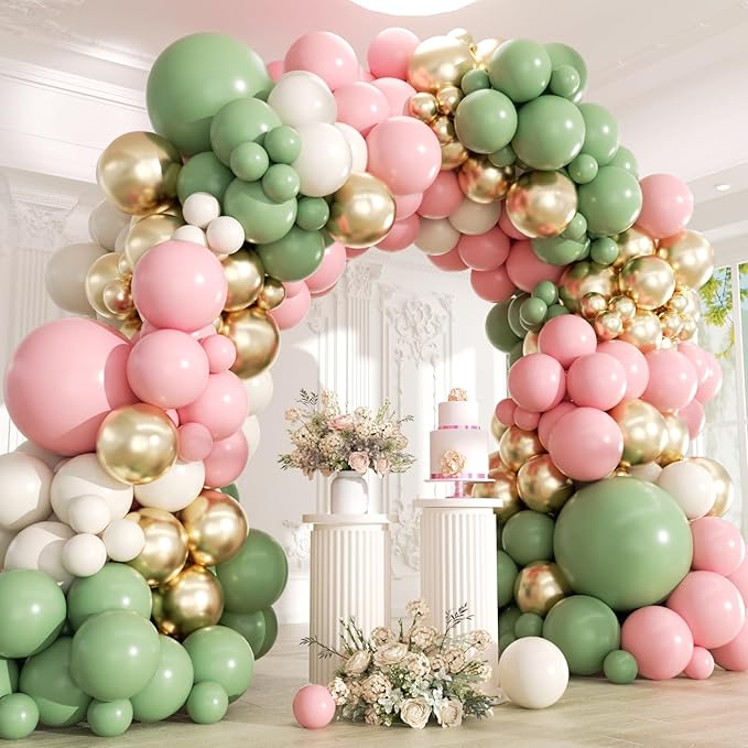 Pink and Green Balloons Arch Kit -153Pcs Sage Green and Pink White Sand Gold Different Size Balloons Garland Kit for Girl Baby Shower Wedding Birthday Jungle Safari Woodland Party Decorations