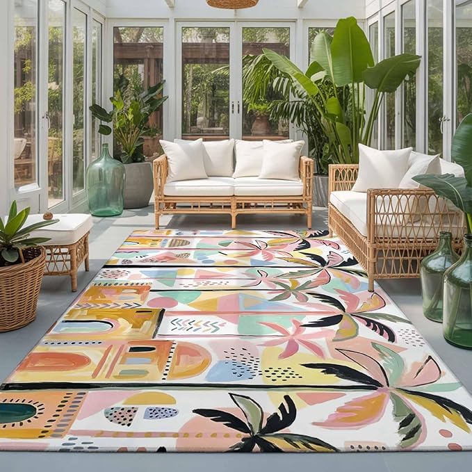 Area Rug 3x5ft, Boho Summer Artistic Palm Trees Washable Rugs for Living Room Bedroom, Abstract Buildings Soft Non-Slip Area Rugs Rectangle Floor Carpet for Dining Room