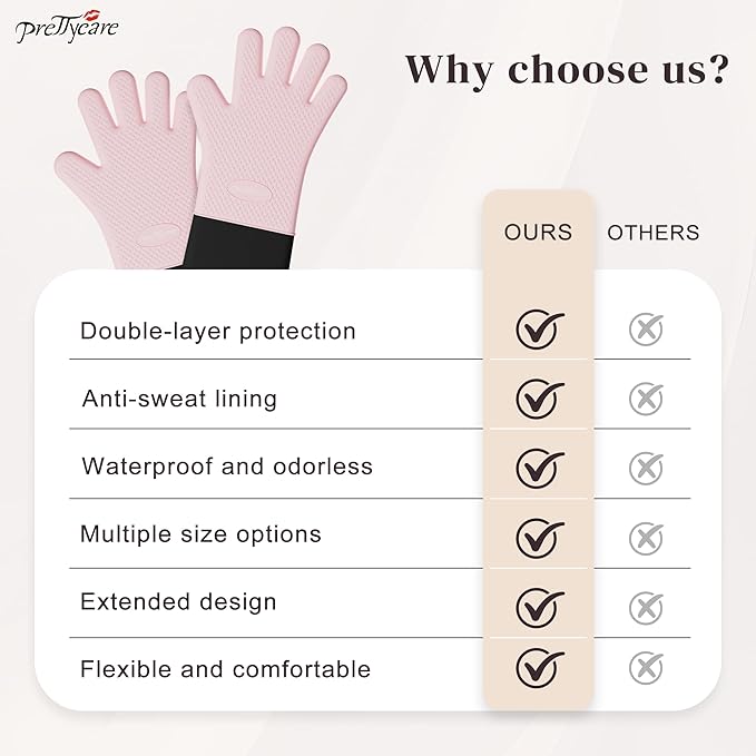 PrettyCare Silicone Oven Mitts, Waterproof & Non-Slip Oven Gloves with Fingers,Cotton Lined Silicone Oven Gloves Kitchen Mitts-Heat Resistant for Baking Cooking BBQ,Women（Pink