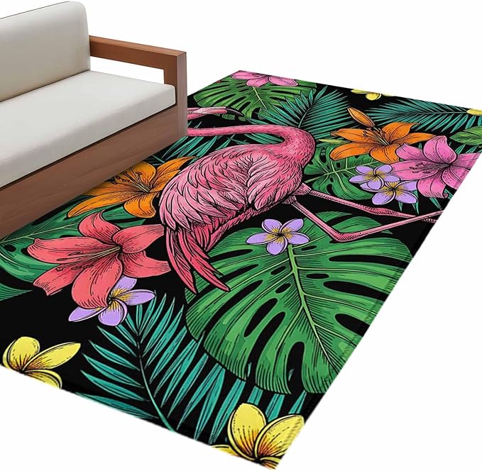 Area Rug 4x6ft, Pink Flamingos Tropical Leaf Washable Rugs for Living Room Bedroom, Colorful Lily Blossom Floral Soft Non-Slip Area Rugs Rectangle Floor Carpet for Dining Room