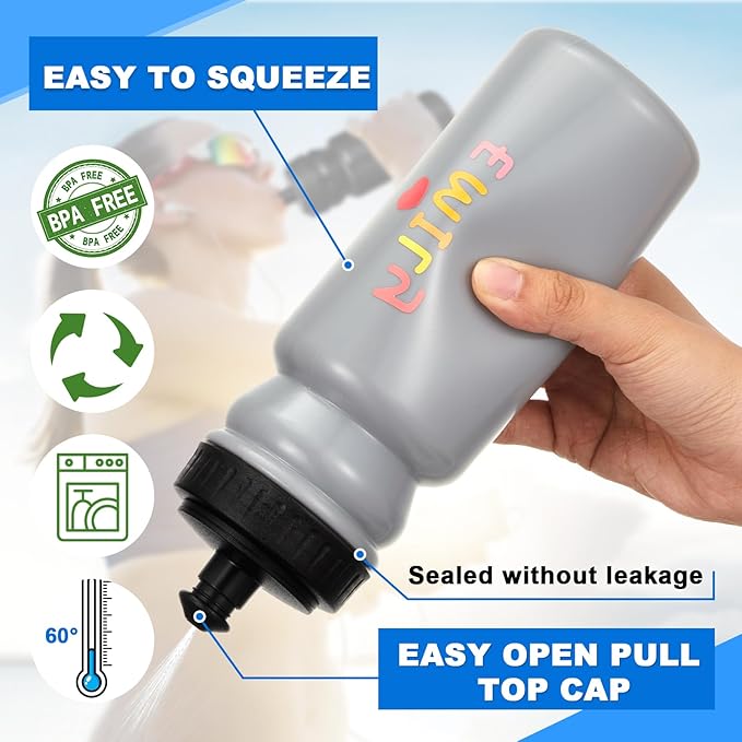 Suclain Water Bottle Carrier with 20 Oz Bottles and Stickers Plastic Wide Mouth Sports Water Bottle Squeeze Team Bottles with Black Lid for Fitness Bike Gym(7 Pcs,Grey)