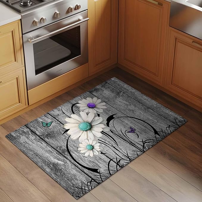 Area Rug 2x3ft, Farm Daisy Shabby Wood Grain Washable Rugs for Living Room Bedroom, Vintage Flower Plant Butterfly Soft Non-Slip Area Rugs Rectangle Floor Carpet for Dining Room