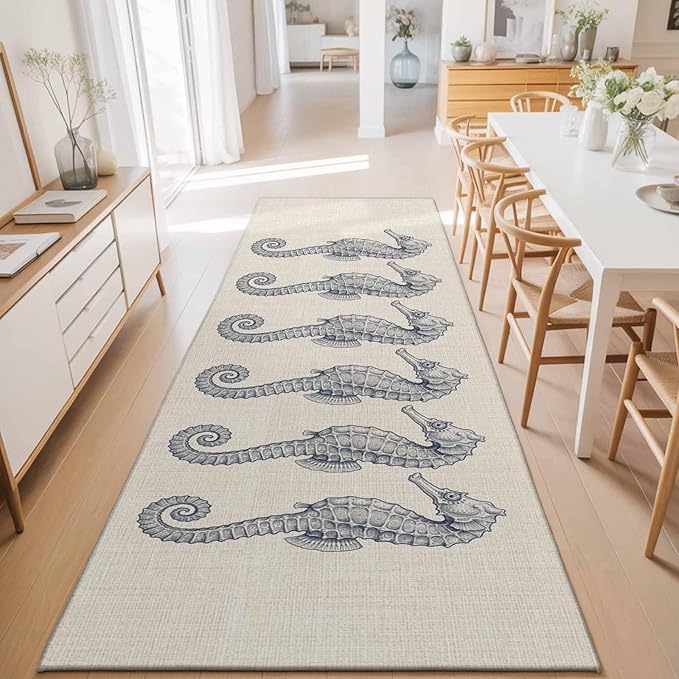 Runner Rug for Bedroom Hallway, Marine Life Seahorse on Burlap Kitchen Runner Rugs Area Rug 2x6ft, Farmhouse Ocean Theme Washable Soft Floor Carpet for Entryway Stair
