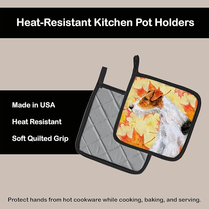 Caroline's Treasures BB9911PTHD Fox Terrier Fall Pair of Pot Holders, Yellow Kitchen Heat Resistant Pot Holders Sets Oven Hot Pads for Cooking Baking BBQ, 7 1/2 x 7 1/2