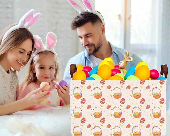 Large Rectangular Easter Baskets Empty Waterproof Boy Toy Box Foldable Kid's Gifts Storage Bin Spring Room Decor(Small Round Dot Gift Basket Egg)