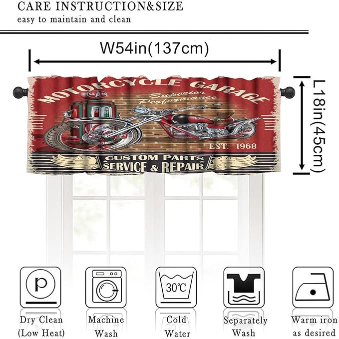 Vintage Motorcycle Valance Curtain Rustic Western Country Farmhouse Classic Motorcycle Rod Pocket Valance Window Treatments Short Curtains for Kitchen Bathroom Farmhouse 54x18inch