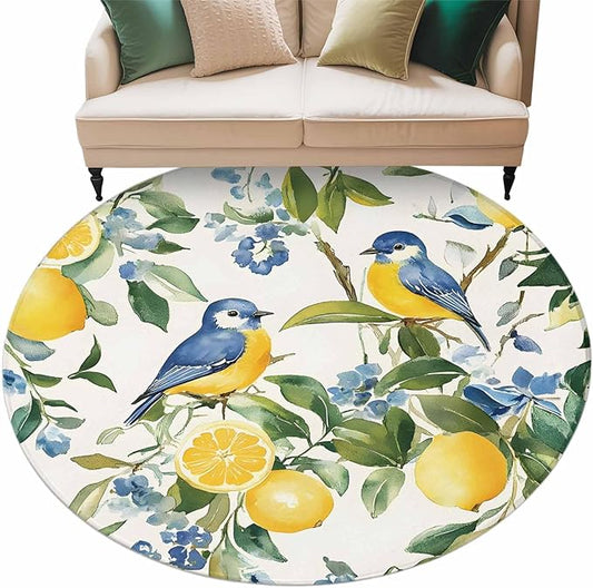 Washable Round Area Rug Pastoral Vintage Lemon Blue Bird Circle Rugs Floor Carpet for Living Room Bedroom, Retro Yellow Fruit Flowers Soft Non Slip Round Rug 5ft