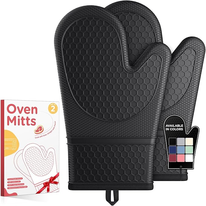 Kitsure Silicone Oven Mitts, Set of 2, Heat Resistant, Oven Gloves with Soft Lining, Non-Slip Kitchen Essentials, Kitchen Gadgets, Apartment Essentials, Great Gift for Cooking, Baking, Black