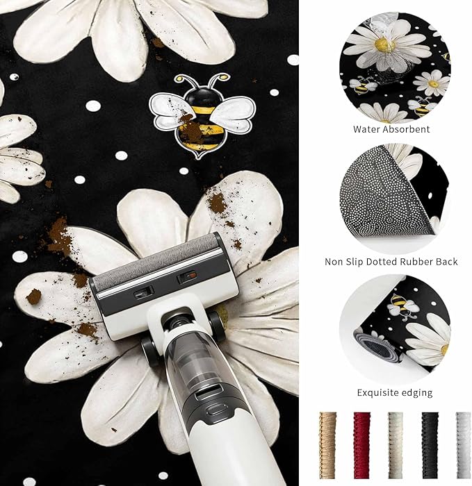 Area Rug 4x6ft, Watercolor White Floral Daisy Bee Washable Rugs for Living Room Bedroom, Blossom Flower on Black Soft Non-Slip Area Rugs Rectangle Floor Carpet for Dining Room
