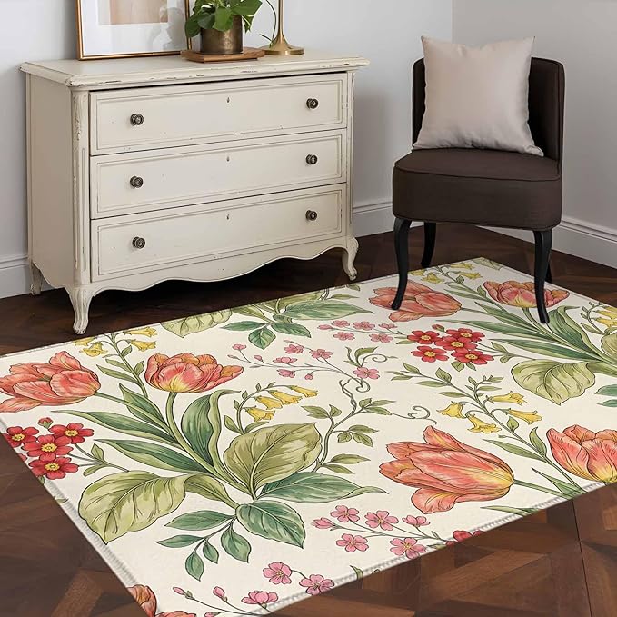 Area Rug 4x6ft, Vintage Tulips Red Daisies Washable Rugs for Living Room Bedroom, Yellow Blooms Floral Pattern Soft Non-Slip Area Rugs Rectangle Floor Carpet for Dining Room
