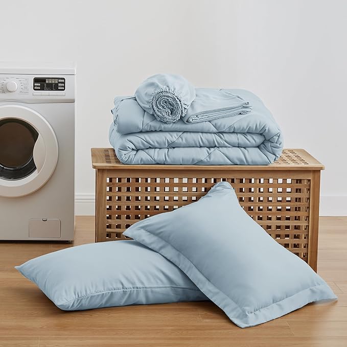Love's cabin Twin Comforter Set Light Blue, 5 Pieces Twin Bed in a Bag, All Season Bedding Sets with 1 Comforter, 1 Flat Sheet, 1 Fitted Sheet, 1 Pillowcase and 1 Pillow Sham | Soft, Breathable, Lightweight, Comfortable