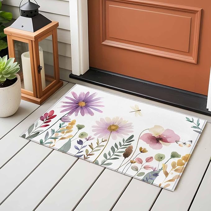 Area Rug 2x3ft, Country Field Purple Flowers Washable Rugs for Living Room Bedroom, Farm Floral Art Soft Non-Slip Area Rugs Rectangle Floor Carpet for Dining Room