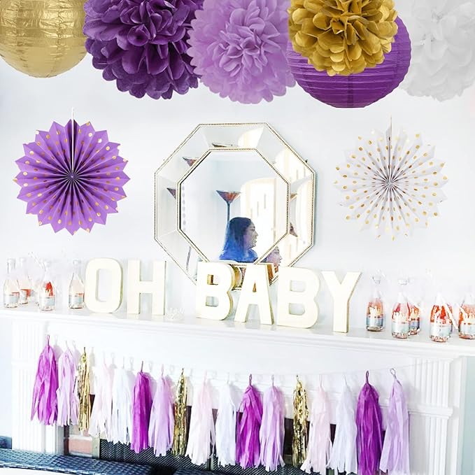 Purple-Gold Party Decorations Streamers Lanterns - 14pcs White Lavender Paper Fan Graduation Woman Birthday Wedding Bridal Shower Tissue Pom Poms,Honeycomb Balls Valentines day Decor Ouruola