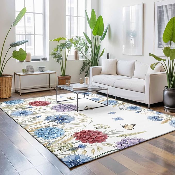 Area Rug 3x5ft, Watercolor Hydrangea Flower Washable Rugs for Living Room Bedroom, Garden Floral Butterfly Leaves Soft Non-Slip Area Rugs Rectangle Floor Carpet for Dining Room