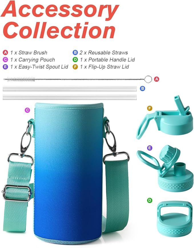 Coolflask Water Bottle 32 oz Insulated with Straw, Stainless Steel Metal 3 Lids Water Flask Wide Mouth for Sports or Office, Non-BPA Keep Cold Up to 48 Hrs or Hot Up to 24 Hrs, Pacific Prince