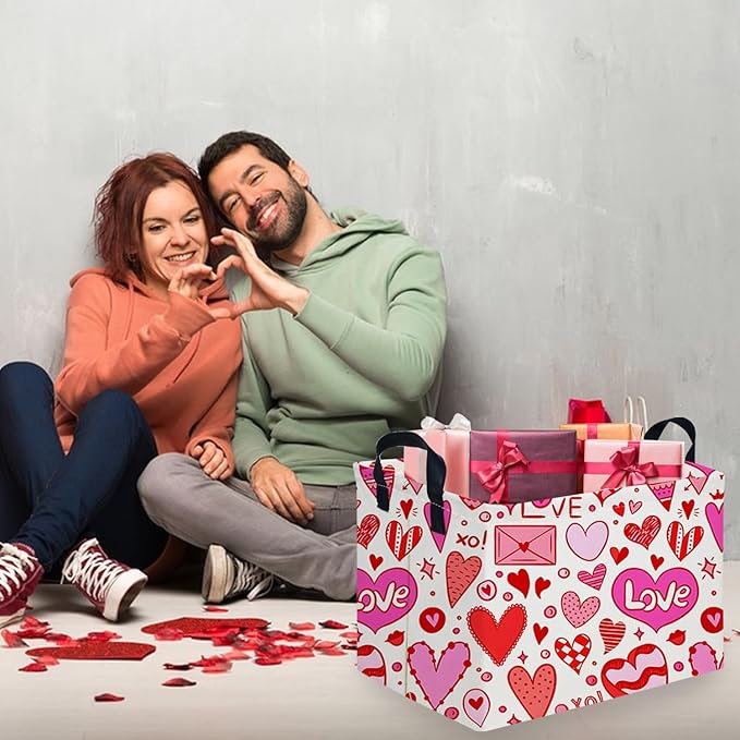 Rectangular Valentines Basket,baby Gift Basket Empty,Pink Gift baskets with Handle Organizer,Heart Print easter Baskets,Girl Room Decor(Grid love)