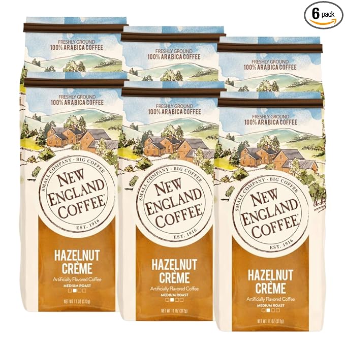 New England Coffee Hazelnut Creme Medium Roast Ground Coffee, 11oz Bag (Pack of 6)