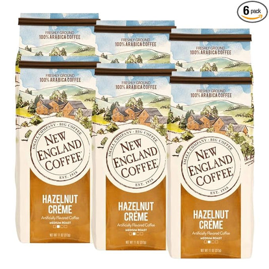 New England Coffee Hazelnut Creme Medium Roast Ground Coffee, 11oz Bag (Pack of 6)