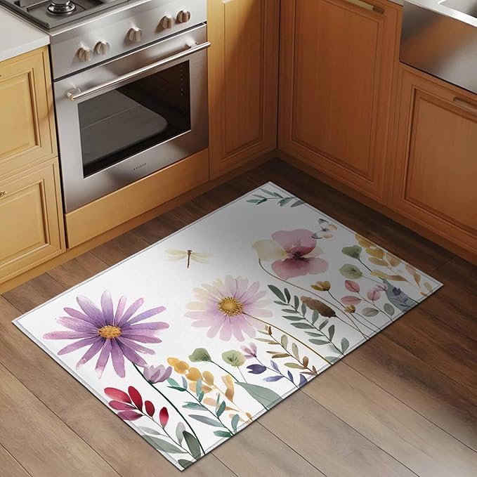 Area Rug 2x3ft, Country Field Purple Flowers Washable Rugs for Living Room Bedroom, Farm Floral Art Soft Non-Slip Area Rugs Rectangle Floor Carpet for Dining Room