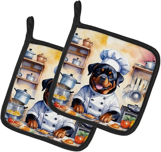 Caroline's Treasures Rottweiler The Chef Pair of Pot Holders Kitchen Heat Resistant Pot Holders Sets Oven Hot Pads for Cooking Baking BBQ, 7 1/2 x 7 1/2