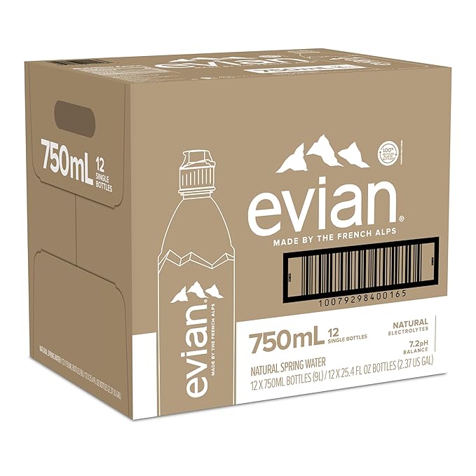 evian Natural Spring Water, 750 ml (25.36 fluid ounce) Water Bottle with Sports Cap, 12 Pack