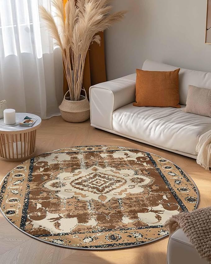 Round Area Rug,Retro Brown Pattern Ethnic Style Circle Living Room Rug Non-Slip Rugs Indoor Carpet,Abstract Flower Tribal Art Soft Comfort Rugs for Bedroom KidsRoom Nursery