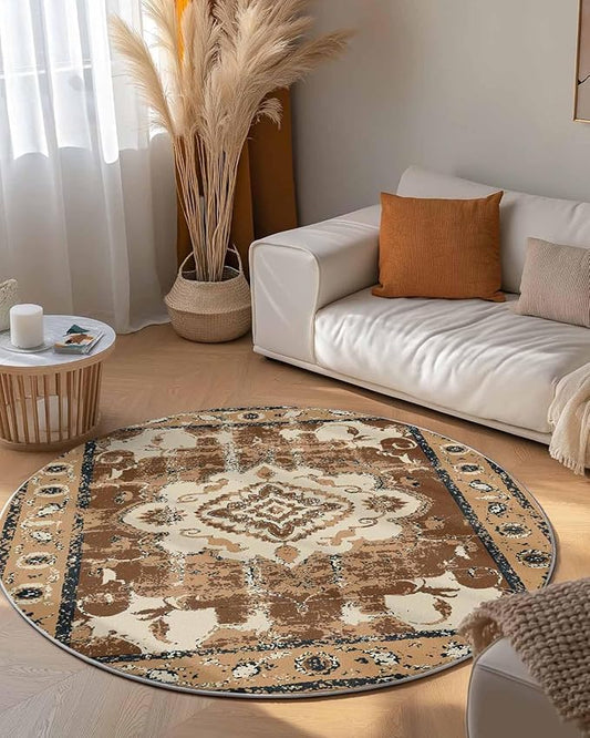 Round Area Rug,Retro Brown Pattern Ethnic Style Circle Living Room Rug Non-Slip Rugs Indoor Carpet,Abstract Flower Tribal Art Soft Comfort Rugs for Bedroom KidsRoom Nursery