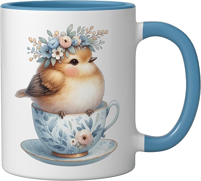 Cute Bird Floral Teacup Illustration Ceramic Mug, Blue/White