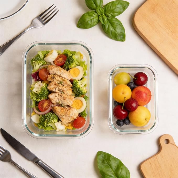 Konokyo Rectangular Glass Food Storage Containers with Lids, 12 Pack Airtight Leakproof Meal Prep Containers, BPA-Free, Microwave Oven Freezer & Dishwasher Safe, Assorted Sizes