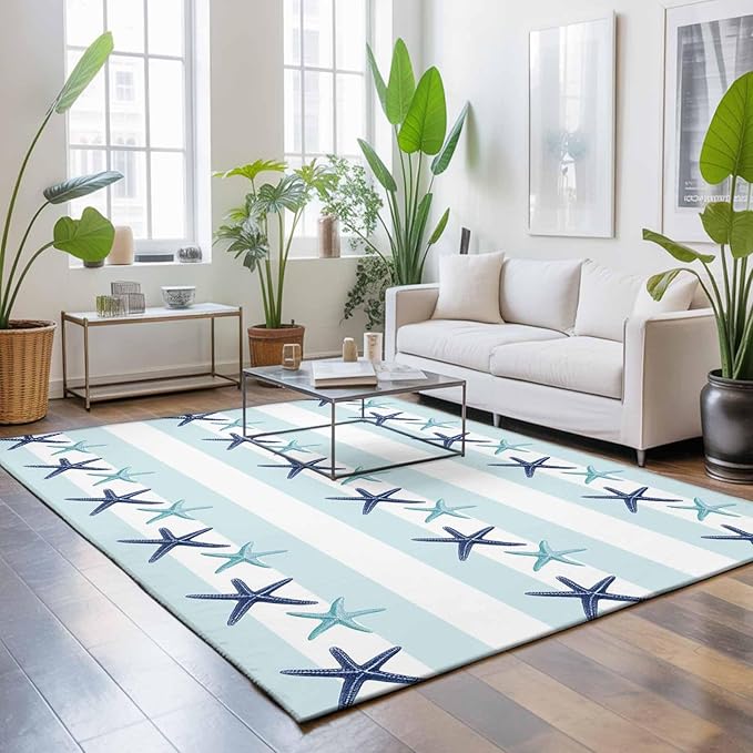 Area Rug 4x6ft, Summer Coastal Starfish Blue Teal Washable Rugs for Living Room Bedroom, Watercolor Ocean Theme Stripe Soft Non-Slip Area Rugs Rectangle Floor Carpet for Dining Room