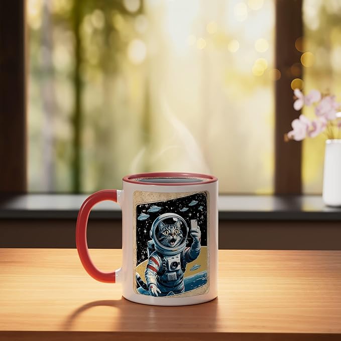 Space Cat Astronaut UFO Funny Sci-fi Alien Selfie Ceramic Mug, Red/White