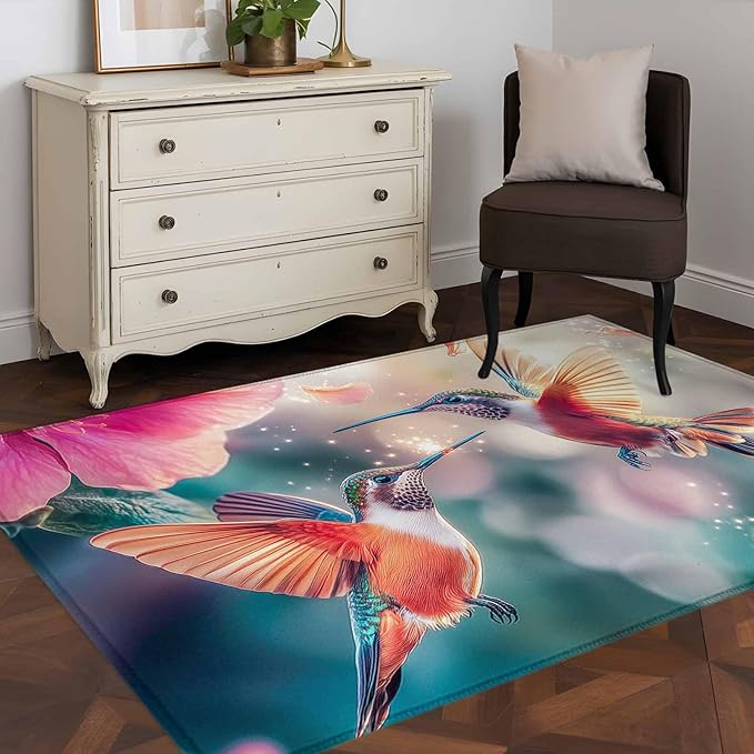 Area Rug 3x5ft, Spring Hummingbird Pink Petals Flowers Washable Rugs for Living Room Bedroom, Dreamlike Animal Focus Scenery Soft Non-Slip Area Rugs Rectangle Floor Carpet for Dining Room