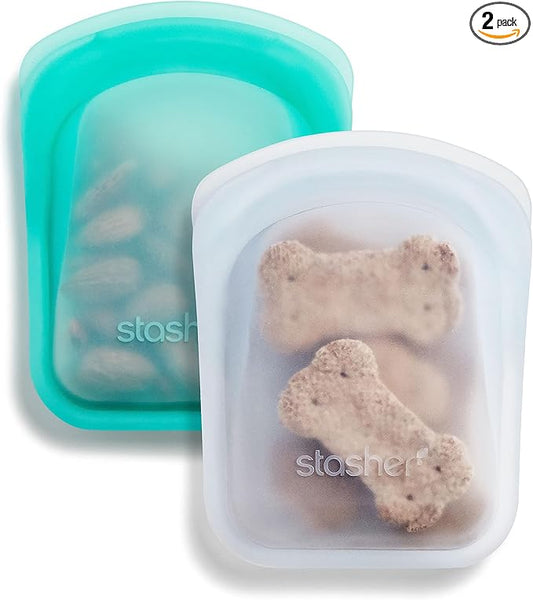 Stasher Silicone Reusable Storage Bag, Pocket Bags 2-Pack, Microwave, Dishwasher, Oven Safe, Sous Vide, Eco Friendly, Leak-free, Food-safe Silicone Snack Bags for Travel, 4 oz, Clear & Aqua | Leak Free Travel Bag