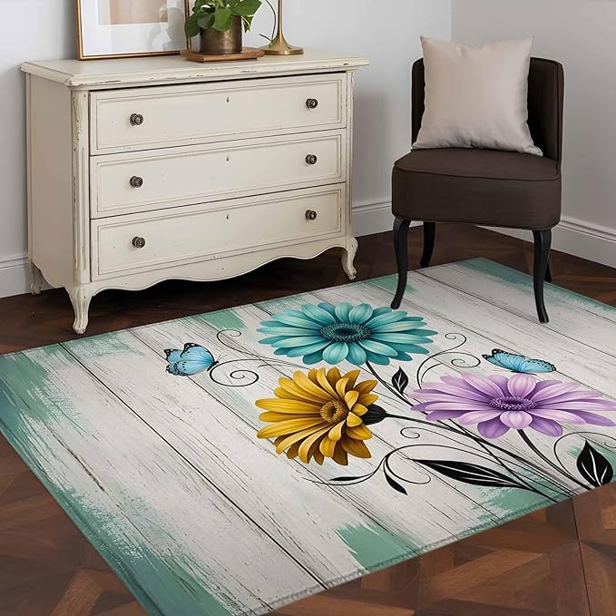 Area Rug 3x5ft, Farm Flower Daisy Retro Wood Barn Washable Rugs for Living Room Bedroom, Blossom Flower Butterfly Soft Non-Slip Area Rugs Rectangle Floor Carpet for Dining Room