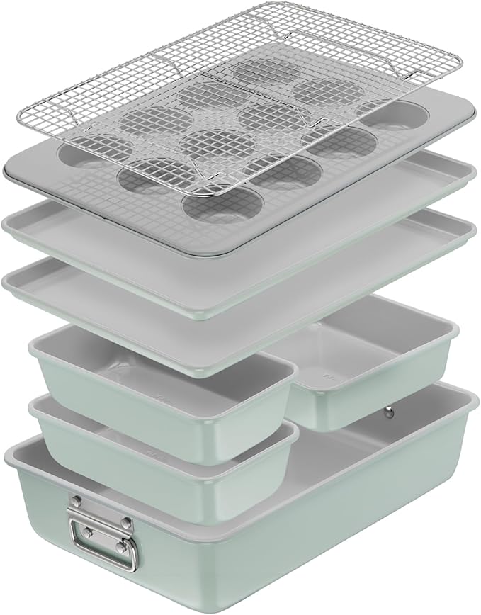 T-fal Refresh Ceramic Nonstick Baking Pans Set (8 Pc), Roaster, 12-Cup for Muffins, Loaf Trays, Baking Sheets Non Stick, Cooling Cooking Rack, Stackable Bakeware Set, Mint Green