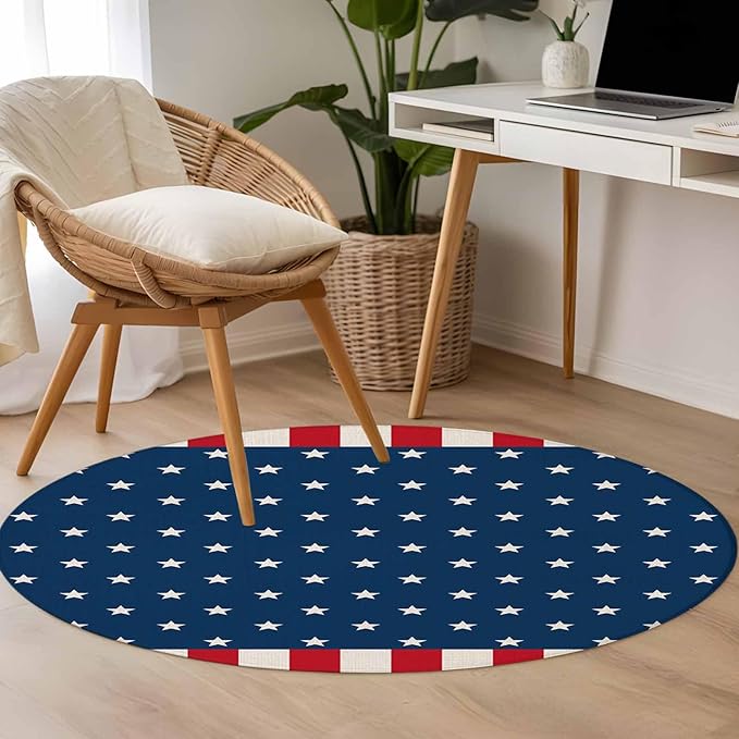 Washable Round Area Rug American Independence Day Circle Rugs Floor Carpet for Living Room Bedroom, USA Stars on Blue Red White Border Soft Non Slip Round Rug 3ft