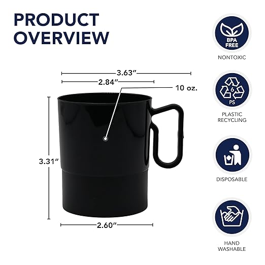 Party Essentials Bistro Hard Plastic Coffee Cup/Tea Mug w/Handle, 40 Count, 8-Ounce, Black