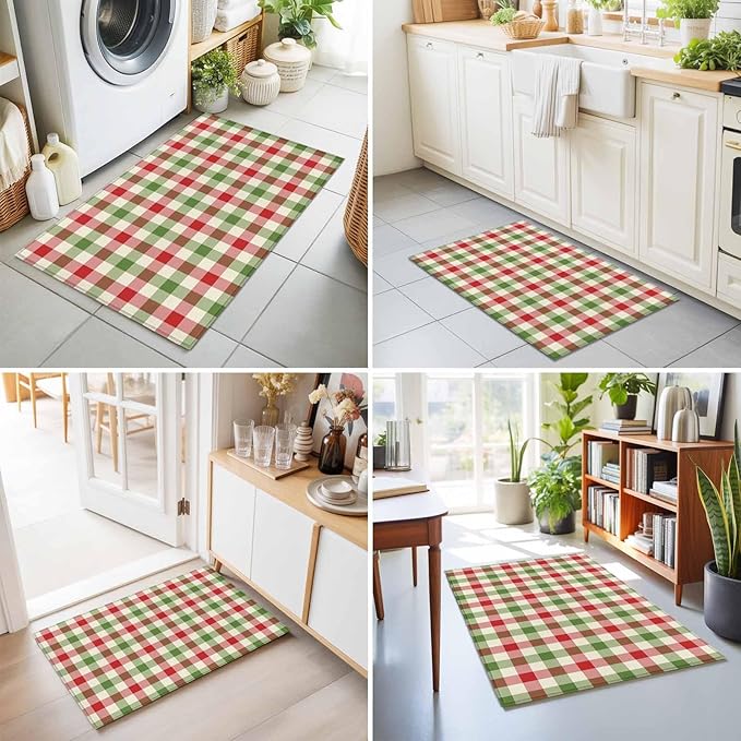 Area Rug 2x3ft, Vintage Pastoral Red Green Buffalo Gingham Washable Rugs for Living Room Bedroom, Christmas Plaid Soft Non-Slip Area Rugs Rectangle Floor Carpet for Dining Room