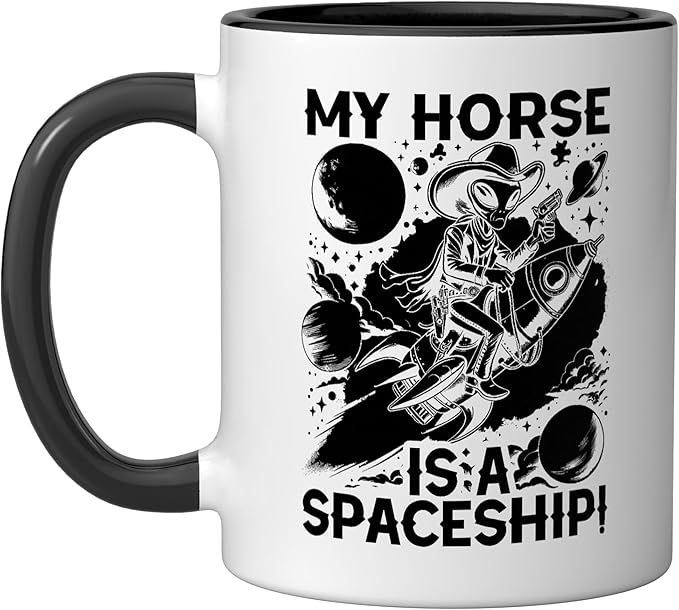 Alien Lover Flying Saucer UFO Extraterrestrial Cowboy Ceramic Mug, Black/White