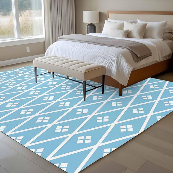 Area Rug 8x10ft, Boho Blue White Plaid Line Washable Rugs for Living Room Bedroom, Abstract Geometric Diamond Soft Non-Slip Area Rugs Rectangle Floor Carpet for Dining Room