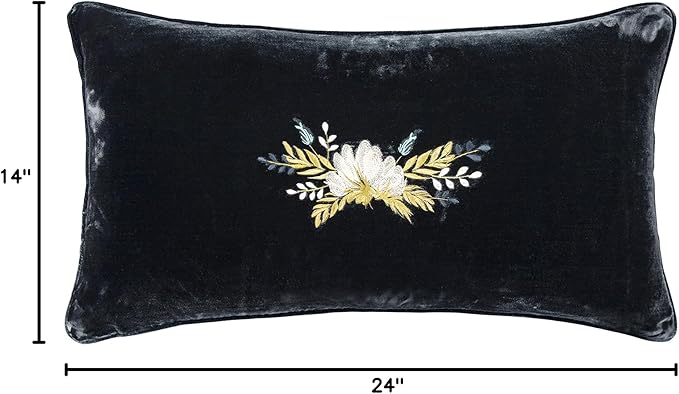 HiEnd Accents Stella Faux Silk Velvet Western Floral Embroidered Lumbar Pillow, 14x24 inch, Midnight Blue, Romantic Western Modern Traditional Style Luxury Bedding, Decorative Throw Pillow