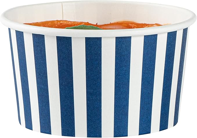 Restaurantware Coppetta 8 Ounce Dessert Cups, 200 Disposable Ice Cream Cups - Lids Sold Separately, Sturdy, Blue And White Paper FroYo Bowls, Striped, For Hot And Cold Foods, Perfect For Gelato