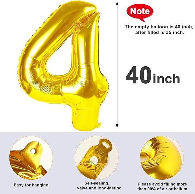 Numbers 4 Balloons Gold Party Decorations for Women Men, 40 In Big Four Balloons for Engagement, Wedding, Celebration Party, Graduations, Photo Shoot