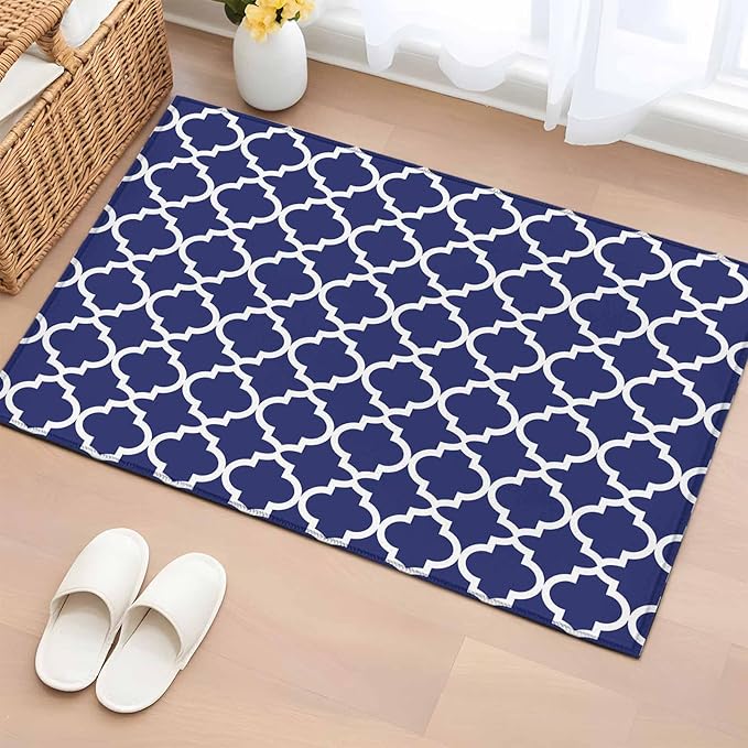 Area Rug 2x3ft, Navy Blue Moroccan Plaid Washable Rugs for Living Room Bedroom, White Line Buffalo Lattice Soft Non-Slip Area Rugs Rectangle Floor Carpet for Dining Room