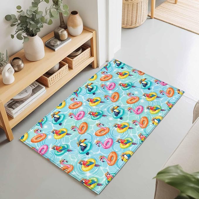 Area Rug 2x3ft, Summer Pool Float Swim Rings Washable Rugs for Living Room Bedroom, Tropical Flamingo Birds Soft Non-Slip Area Rugs Rectangle Floor Carpet for Dining Room