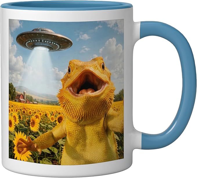 Funny Bearded Dragon Selfie with Alien UFO Ceramic Mug, Blue/White